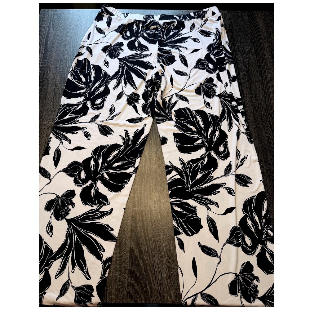 Susan Graver Black White Floral Pull On Pants Womens XL Wide Leg Resortcore - Picture 4 of 7